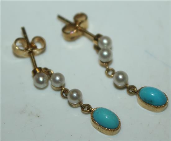 Pair gold turquoise & pearl drop earrings